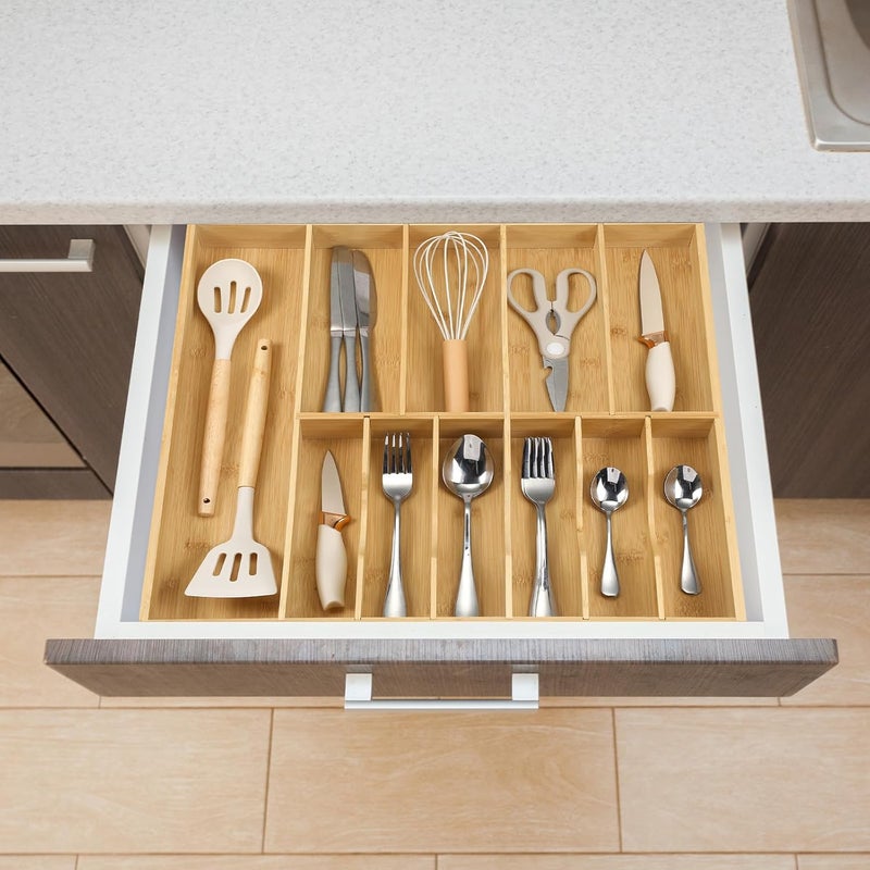 Fabsome Silverware Organizer for Kitchen Drawers, 2.5'' Deep 18.8'' Wide Bamboo Wood Flatware Tray with Deep Slots for Large Cutlery Utensil Drawer - Image 5